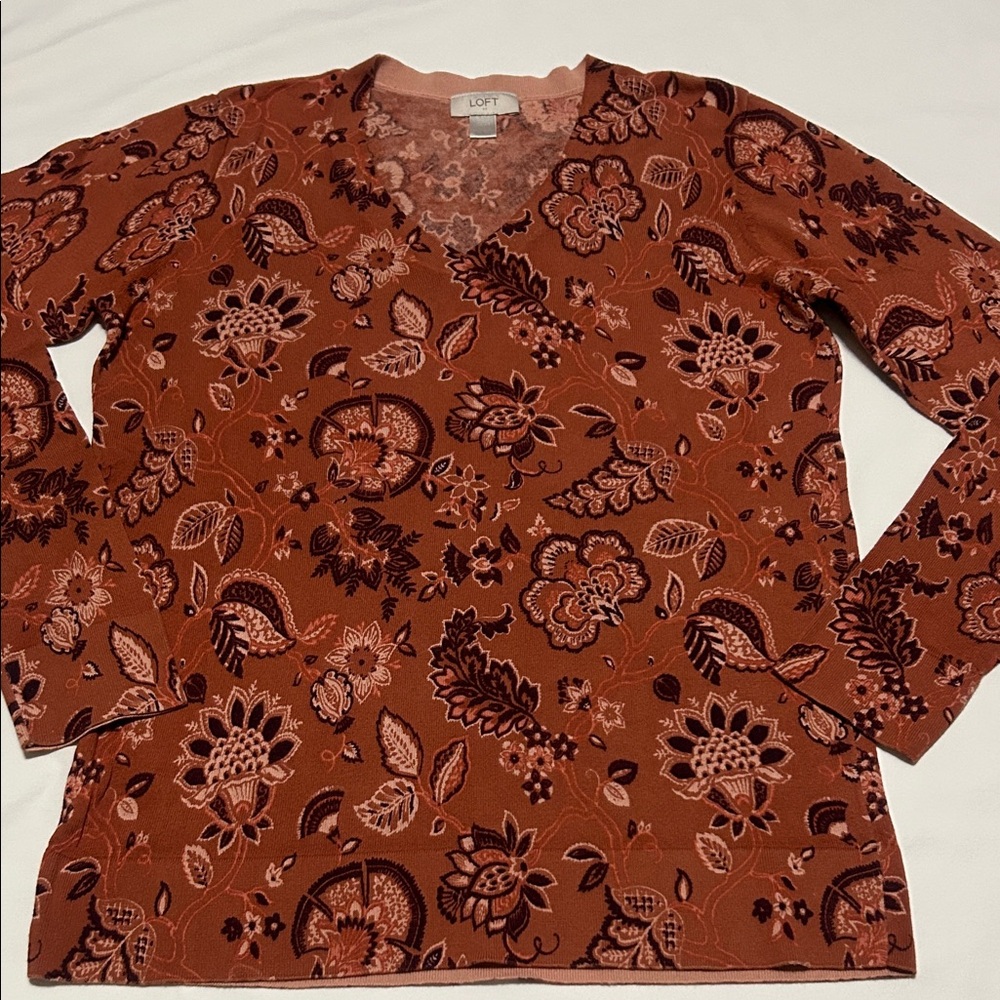 LOFT Women's Rust Floral V-Neck Sweater 100% Cotton L